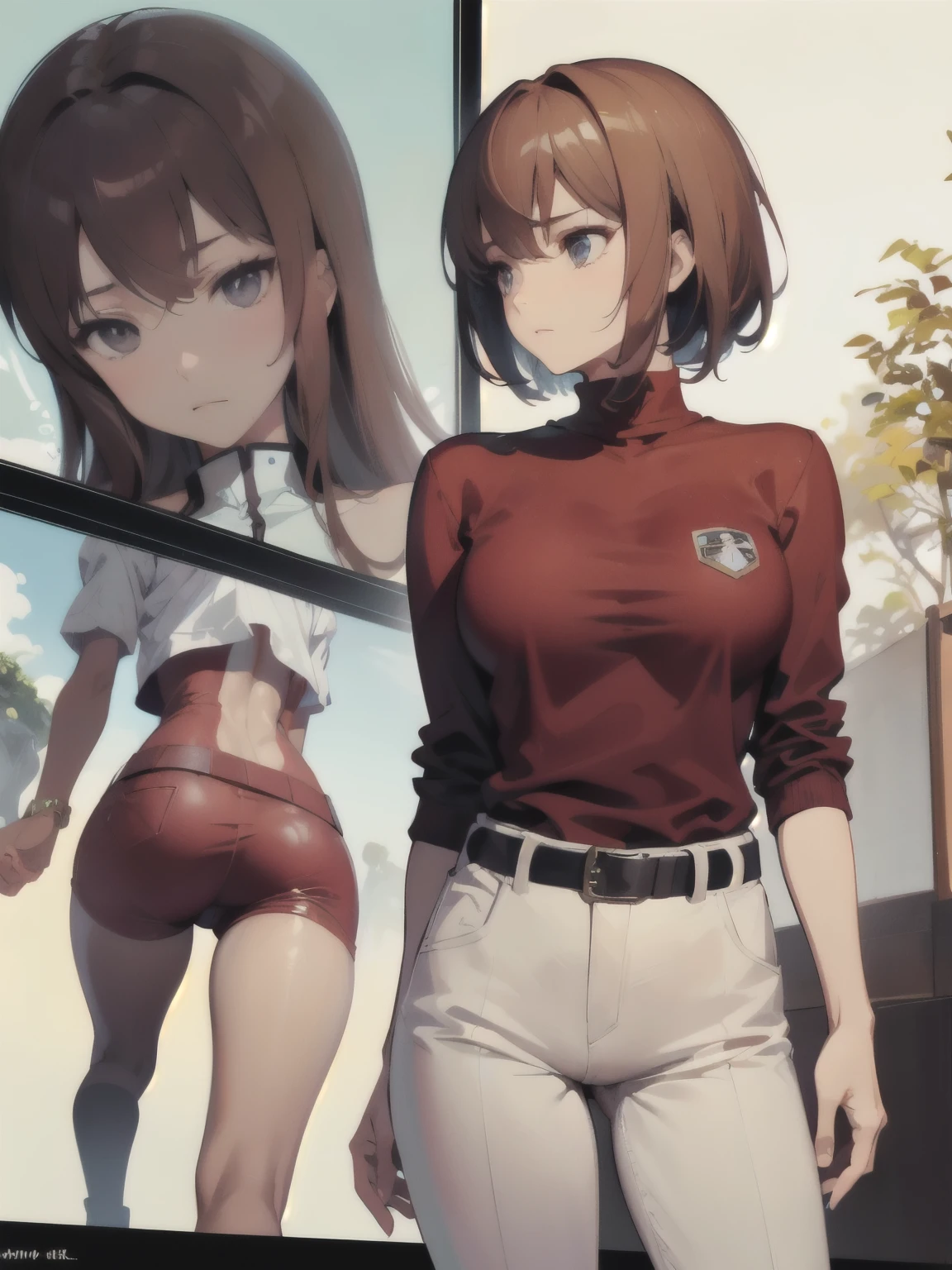 kurisu makise steins gate anime, atmospheric, elegant portrait, super highly detailed, professional digital painting, artstation, concept art, 8k, art by wlop, artgerm and alphonse mucha and eiichiro oda shinkai makoto vibrant Studio ghibli kyoto animation hideaki anno Sakimichan Stanley Artgerm Lau Rossdraws James Jean Marc Simonetti, Beautiful woman, light brown hair, light brown eyes, red turtleneck shirt, white pants, black belt, makeup, top-down view, 2d background, impeccable posture, master piece, super detail, attitude, 40 year old woman, strong expression, attitude,, bob, profile
