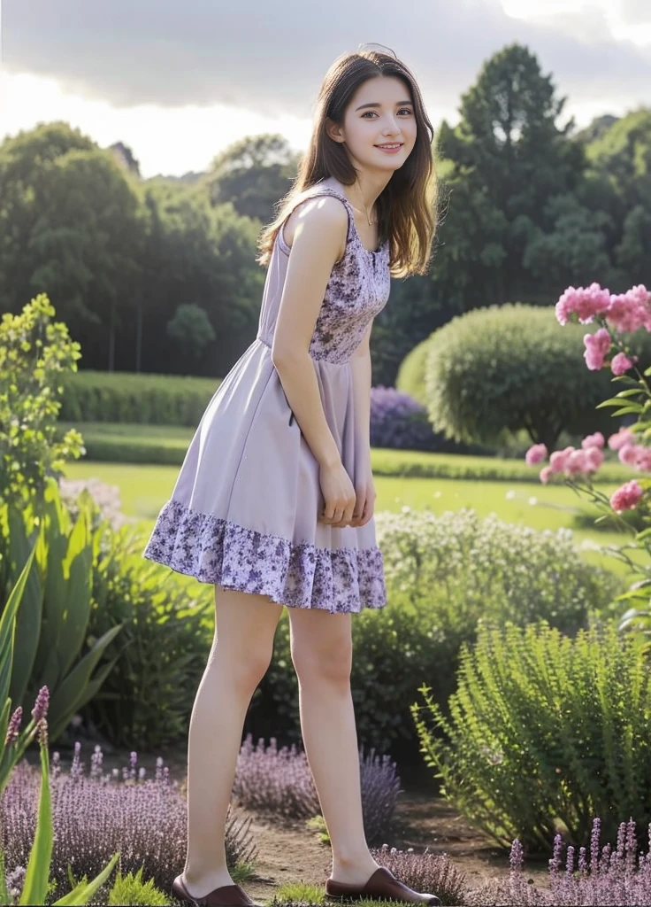 17 year old beautiful girl、Highest image quality、realistic、16K、beautiful woman、long hair、slim、highest quality,[masterpiece],((beautiful:0.75) pretty girl:0.75),Professional,photograph_(Moderate),Ultra-fine painting,1 girl,black hair,light purple dress、outdoor,(front:1.3),(Are standing:1.3),Purple flower garden,cloudy sky,cowboy_shot,smile、Full body figure、panoramic、Taken from a distance、Surrounded by purple flowers、Fantastic sweet girl clothes 2,pearl necklace,In the flower field