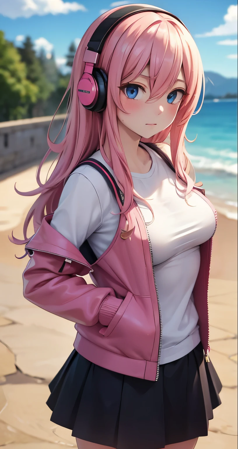 (masterpiece),(intricate details),1girl,mature female,small breasts:1.29,tired face,brown eyes BREAK lukamegurine, luka megurine, blue eyes, headphones, long hair, pink hair, (medium breast:1.2), black skirt, without bra, visible breasts, opened jacket (Exposed breasts),((upper body,portait)),from above:1.4 BREAK day,sun,rainbow,((cumulonimbus)), depth of field,looking at viewer