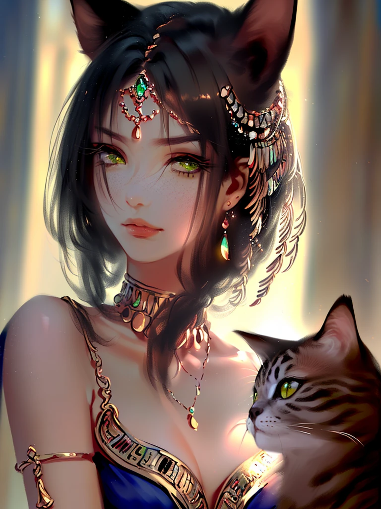 very good illustration, High detail, dynamic angle, beautiful detailing,2D, (Best quality, masterpiece, Beauty, tenderness), anime, Highly detailed face, very detailed eyes, very detailed background, perfect lighting, whole body, 1 girl, One, (Very detailed cat ears), (Very detailed ears behind the hair)? Goddess Bastet, Ancient Egypt \(Очень подробный Ancient Egyptian\), Very detailed clothes, green eyes, Finely detailed eyes, ears covered with hair, (very detailed background)
