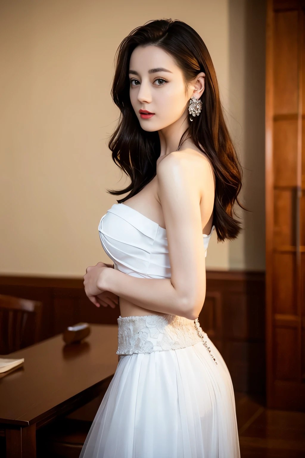 ((top quality、8K、​Masterpiece:1.3))、Extremely delicate beautiful girl，huge breasts，bigger breasts，amazing breast size，G cup，Sunset。Wear big earrings，Very white skin，moist red lips，Waist is very thin，Thighs are very thin，big ass，exposed，fair and smooth skin，Smooth and fair skin，flawless skin，Fair and shiny skin，cold white skin，The camera focuses on the chest，bright light，Bandeau dress，Transparent skirt，Openwork skirt，exposed的肩膀，brown hair，后背exposed到臀部，后背exposed到腰臀线，Smooth white back，Stand sideways，Straight posture