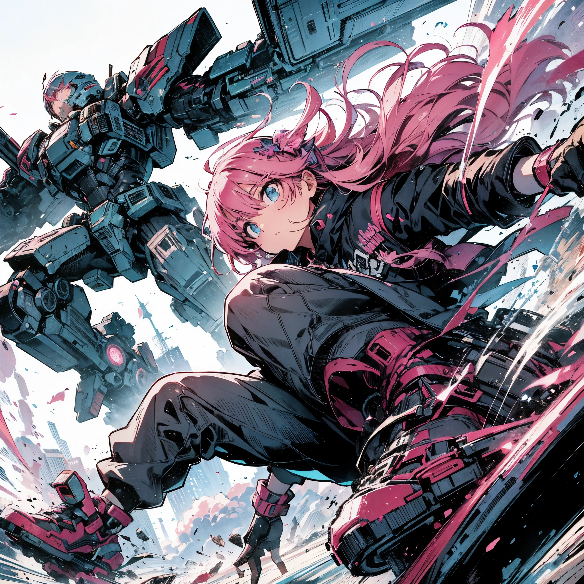 Sci-Fi style anime illustration, rough and intense illustration of Pink-chan, a 20-year-old character, jumping high in the sky on a mecha skateboard. The background depicts a mecha air-surfing high in the sky and a dynamic jump to the sky with elements of breakdancing. The images are dynamic and dynamic from below, using thick, exaggerated lines and brush strokes to emphasize the accelerated speed and mecha-gimmick-packed action. Pink-chan has medium-length pink hair with blue highlights, light blue eyes, and a small mole next to her left eye. She has a slim figure of about 150 cm tall and wears a modern white hoodie and a blue butterfly hair ornament. The background is an urban skate park, painted with a rough hand-drawn aesthetic, which heightens the sense of wild energy and movement.