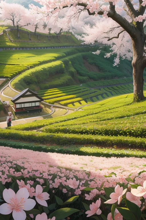 best quality，actual，real life，photography，masterpiece，best quality，There are several cherry blossoms in the tea field，Terraces，Dotted in the tea fields，Cherry blossoms are blooming one by one in the tea field，Structured，colorful，big scene