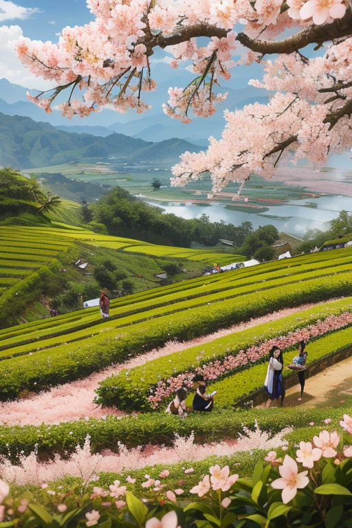 best quality，actual，real life，photography，masterpiece，best quality，There are several cherry blossoms in the tea field，Terraces，Dotted in the tea fields，Cherry blossoms are blooming one by one in the tea field，Structured，colorful，big scene