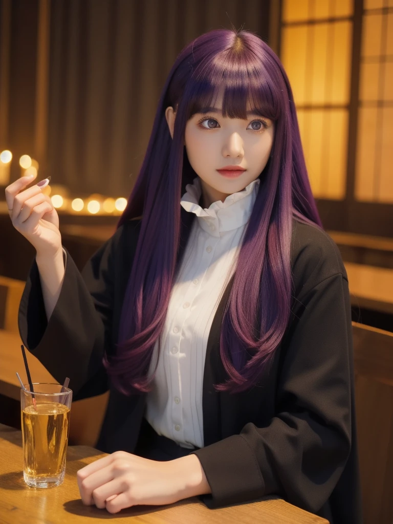 full body, dynamic pose, 1 girl,alone,purple hair,long hair,purple eyes,dull bangs,side lock,half up hair,bright pupils, hair ornaments,Ruffled collar,black robe,white dress,center ruffle,button,wide sleeve,long sleeve,crooked,cowboy shot, looking at the viewer, and highest quality,((highest quality)),((table top)),((perfect face)),get used to it5two-fingered hand,1 girl,(background blur), ((holographic)),1 girl,milky way, (stripes of light), impressive visuals, (dynamic streak, path of light:1.2), bright colors