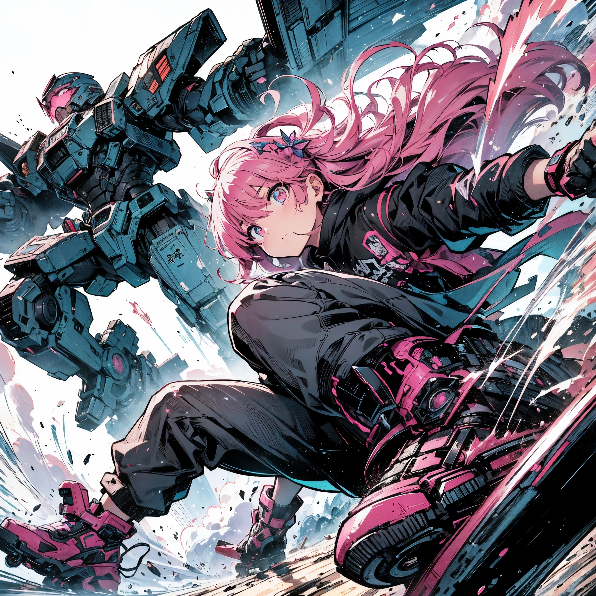 Sci-Fi style anime illustration, rough and intense illustration of Pink-chan, a 20-year-old character, jumping high in the sky on a mecha skateboard. The background depicts a mecha air-surfing high in the sky and a dynamic jump to the sky with elements of breakdancing. The images are dynamic and dynamic from below, using thick, exaggerated lines and brush strokes to emphasize the accelerated speed and mecha-gimmick-packed action. Pink-chan has medium-length pink hair with blue highlights, light blue eyes, and a small mole next to her left eye. She has a slim figure of about 150 cm tall and wears a modern white hoodie and a blue butterfly hair ornament. The background is an urban skate park, painted with a rough hand-drawn aesthetic, which heightens the sense of wild energy and movement.