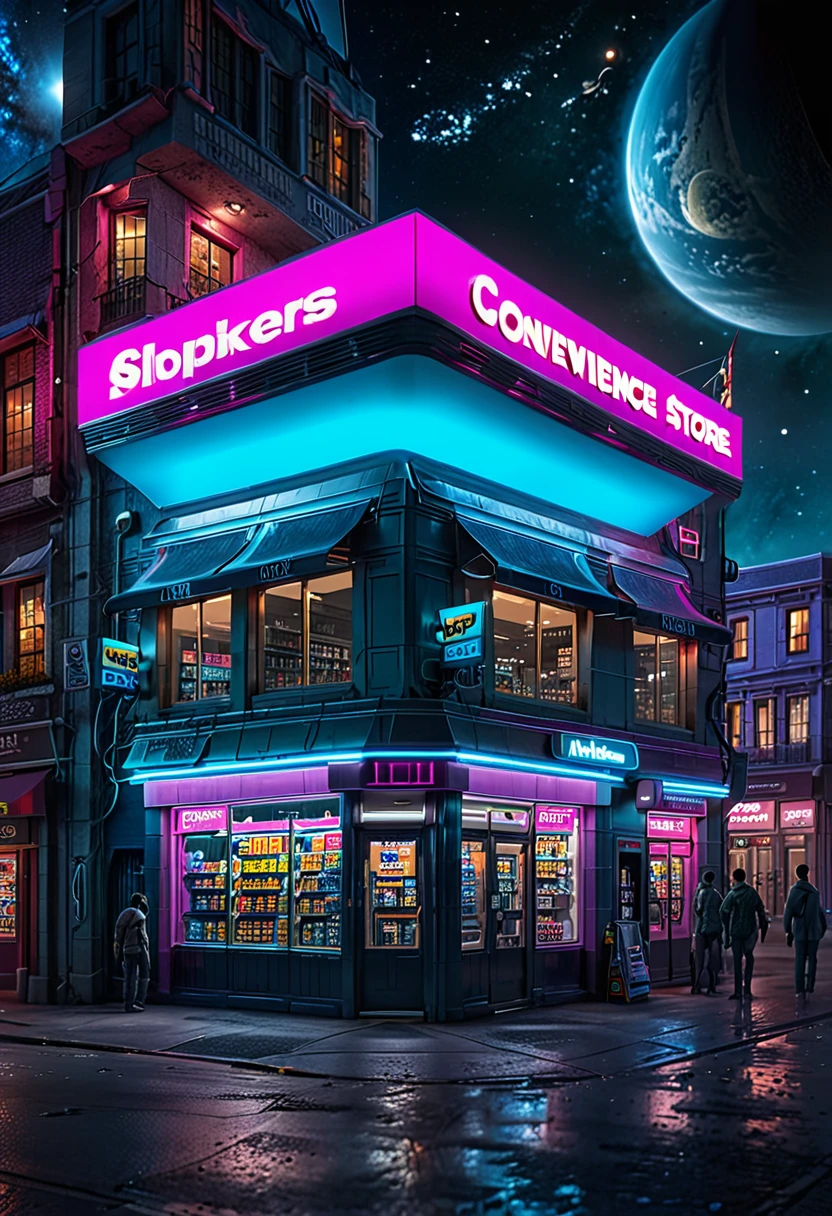 long shot, otherworldly:1.5, ((big flying midnight convenience store, floating in space, otherworldly, another planet, futuristic, with aliens shopping: 1.5)), (futuristic city, street with cars flyers that fly at midnight: 1.3, ((sign with text, "24-hour store" in neon magenta:1.3)), streetlight lighting, masterpiece, hyper-realistic, highly detailed and well-defined, award-winning image, beautiful photography, high resolution, masterpiece:1.2, HDR, HD, ultra detailed, CG K: 1.4, 8k