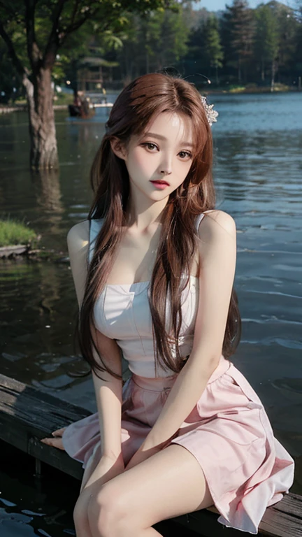 real photos,Chinese beauty with long straight reddish brown hair, masterpiece, best quality, extremely delicate and beautiful,high resolution, absurderes, Optimal proportions of four fingers and one thumb, in the lake with trees,sitting,  highly detailed beautiful face, Cute, shy,blush, dynamic angle, from above,looking at viewer, wearing Chiffon Sleeveless Blouse skirt