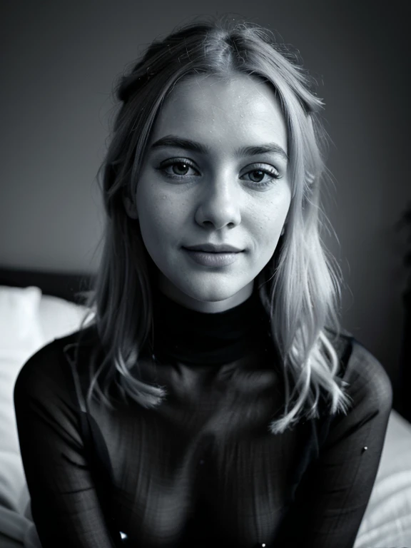 (Best quality, highres, ultra-detailed: 1.1), Black and white photo, Beautiful German woman, age 19, Blue-blonde hair, happy, sweet expression, Closed mouth, Pink lips, Cheerful, Wearing black clothes, (Deep focus on face: 1.3), (Photorealistic: 1.5), (Black and white film: 0.8), (Gentle lighting: 0.5), Slim figure, Graceful, (High contrast: 1.2), (Detailed skin texture: 1), (Subtle blue tone: 0.5), Vintage, Timeless, Elegant, Classic