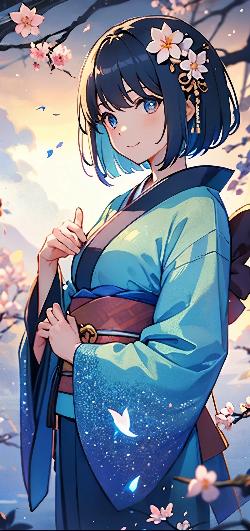 (8K、best image quality、highest quality、masterpiece) super detailed,All limbs,hide your hands, 1 girl, alone,There&#39;s a glowing aura around her, bob cut,princess cut,black hair,Finely drawn eyes and detailed face, eye reflection, bangs, hair ornaments, long sleeve, 長いkimono, kimono, hair 花, wide sleeve, kimono, kimonoの花柄,There is a very large moon in the background,under the stars,illuminated by moonlight,Night sky drawn from a specific angle,beautiful illumination,Colorful Butterfly Background Blush, smile, Cherry Blossoms at Night,hide your hands,Looking at the moon in the sky