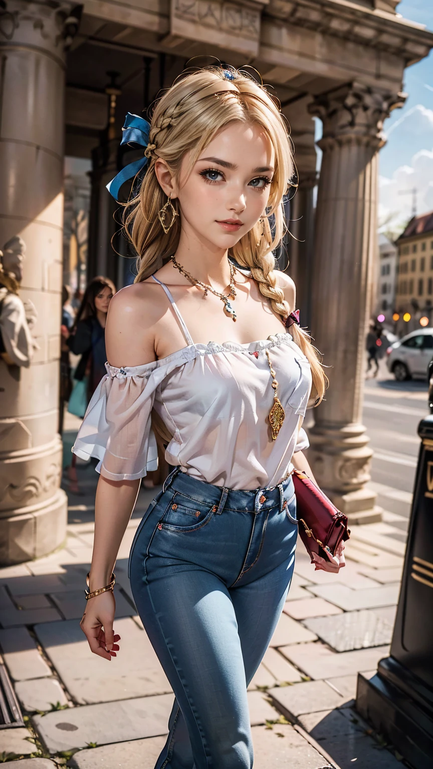 23-year-old blonde girl, very beautiful with light blue eyes , des cheveux de taille moyenne, influencer wearing a GUCCI model look in the street of PARIS, High-resolution realistic photo