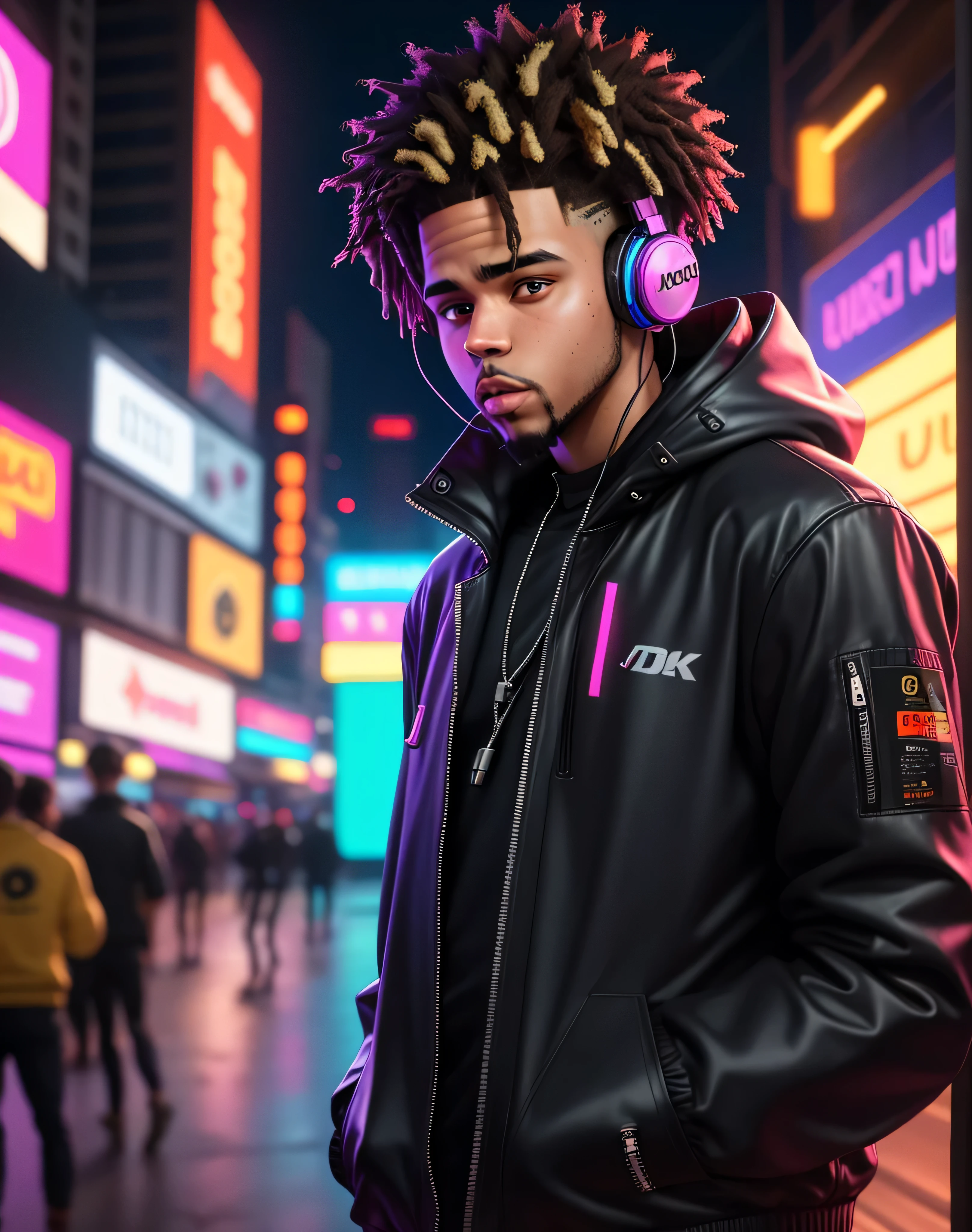 J.COLE wearing headphones and a jacket in a neon photo, headphones dj rave, j.cole wearing headphones, cyberpunk vibrant colors, neon cyberpunk vibrant colors, hq 4k phone wallpaper, phone wallpaper hd, high quality wallpaper, headphones, digital artwork 4 ...