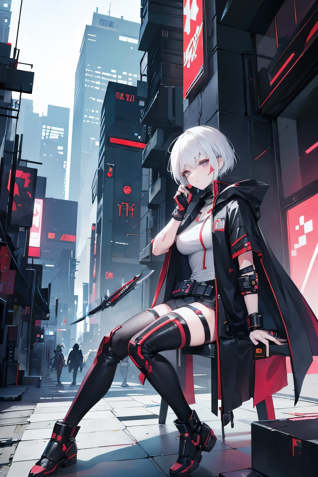 cyberpunk style A kunoichi with short white hair One arm looks mechanical Wearing a cloak have a knife wearing a mask over the mouth Carefully eye care