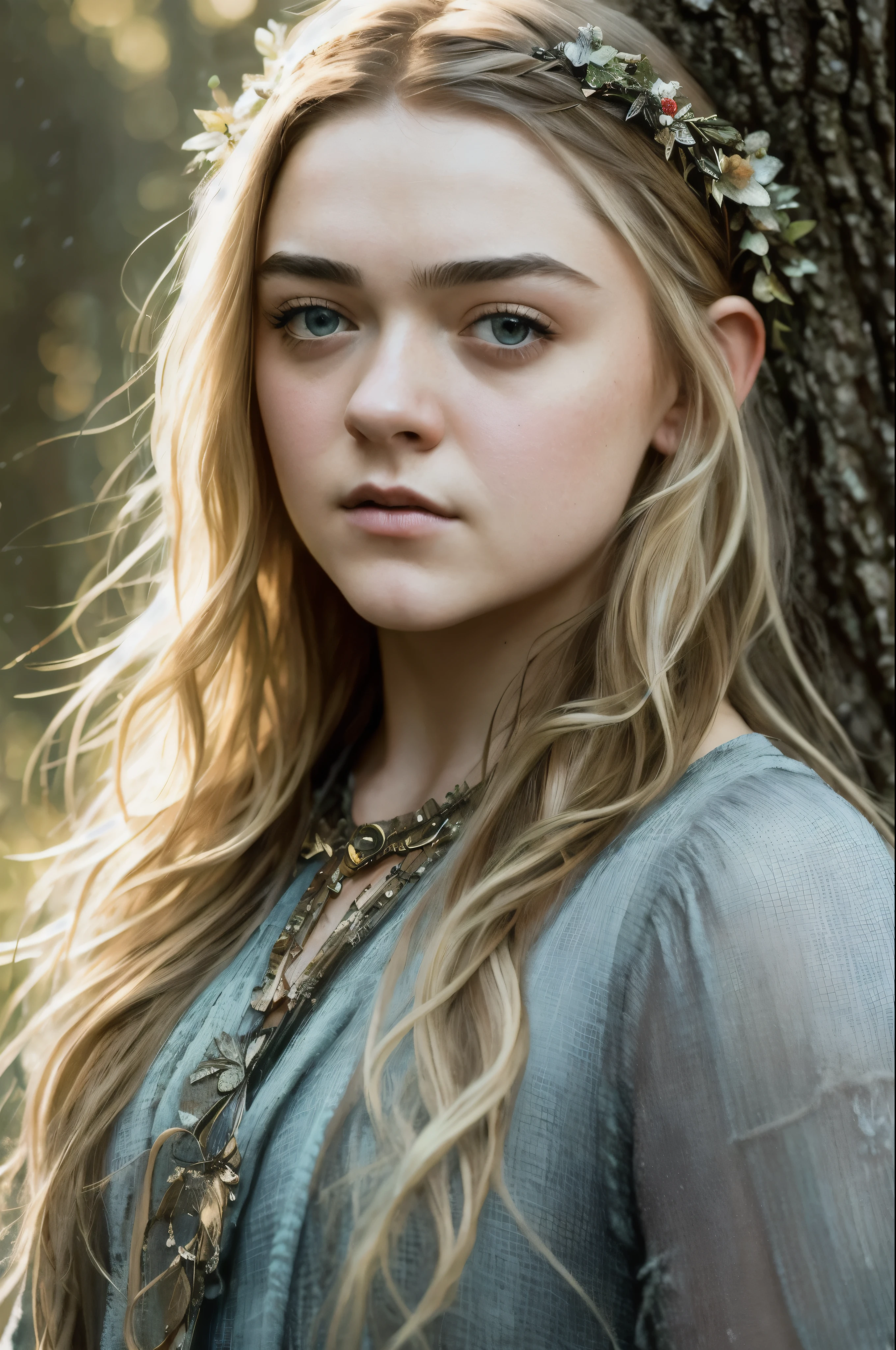 portrait painting of 1girl, Epic Character face mix of Maisie Williams and Elle Fanning, elf, blonde hair, blue eyes, green dress, Upper body focus, Nordic goddess, intricate, cinematic lighting, styled hair, fantasy movie, genre fantasy, artistic cinematography, premium quality fantasy movie color grading, upper body shot, detailed skin, fantasy, snowy nordic forest, modelshoot style, (extremely detailed CG), photo of beautiful artwork, (Antonio Moro), (Jeremy Mann), High Detail, Sharp focus, dramatic, oil painting, realistic