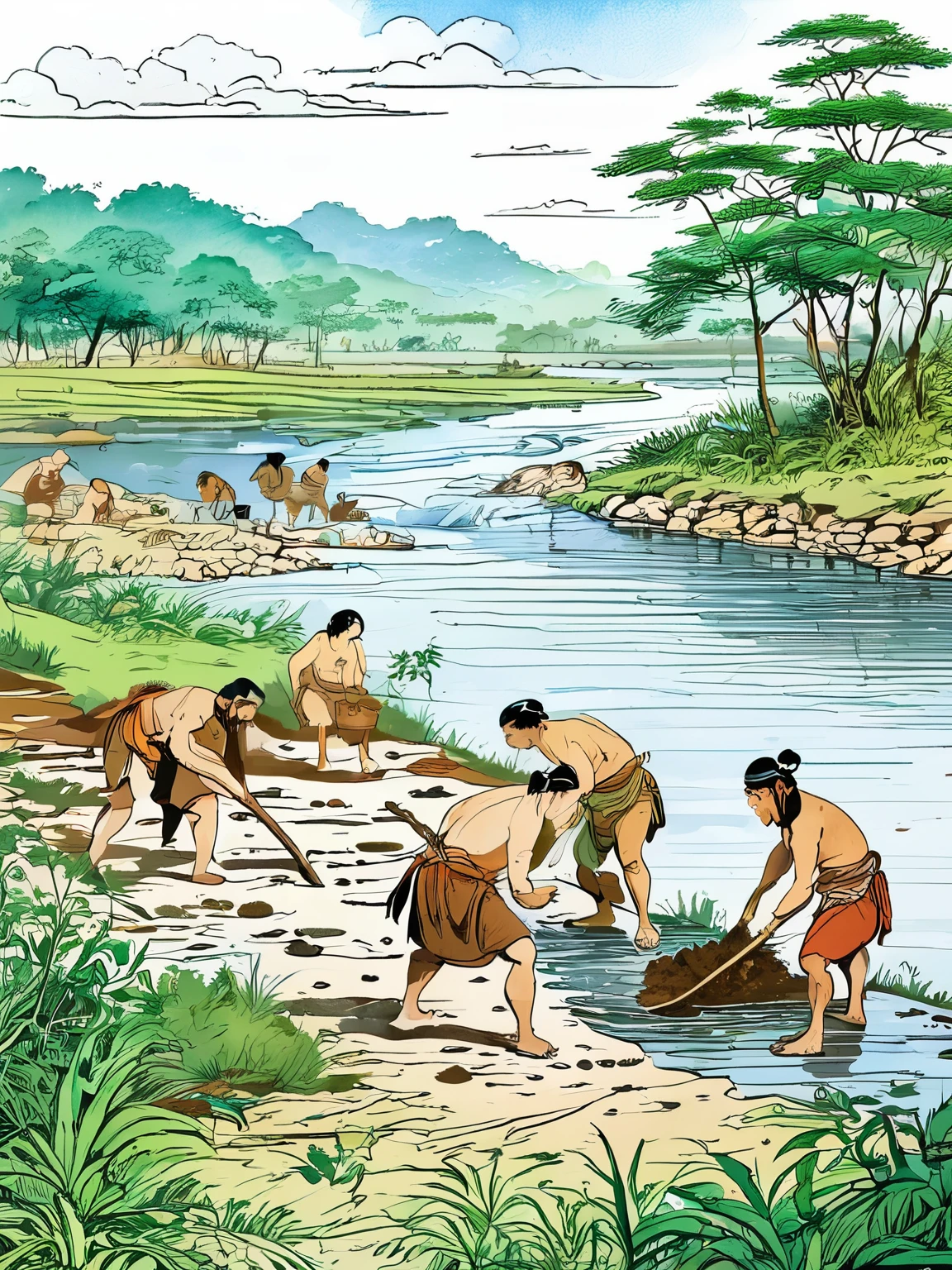 A group of Neanderthals，Illustration of people working in the fields by the river, Digging、sowing，loose soil、Villagers are busy farming,Brazilian Amazon Indians, Korchian, Tribal members，distant forest，forest，land，Many cut down trees，tree stump，Sky，Detailed water pattern，Hu Bo，author：Randolph Caldecott, (watercolor painting, masterpiece, line art, illustration art, Professional line art, Super complex and detailed, Chinese painting，8K:1.3)