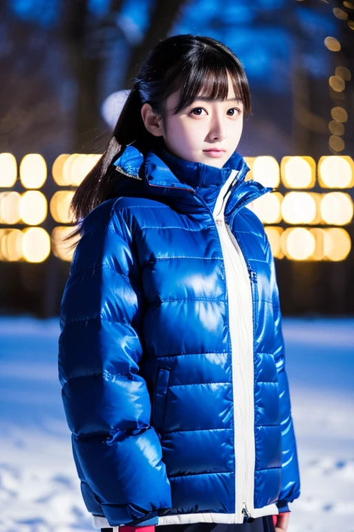 photo of a young Japanese teenage girl, wearing an extremely puffy glossy cobalt blue down puffer jacket, high collar fully zipped up, in a city park in winter, snow everywhere, snow falling, realistic lighting, highest quality, 16K, masterpiece, perfect figure, big eyes, 