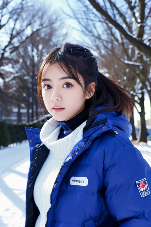 photo of a young Japanese teenage girl, wearing an extremely puffy glossy cobalt blue down puffer jacket, high collar fully zipped up, in a city park in winter, snow everywhere, snow falling, realistic lighting, highest quality, 16K, masterpiece, perfect figure, big eyes, 