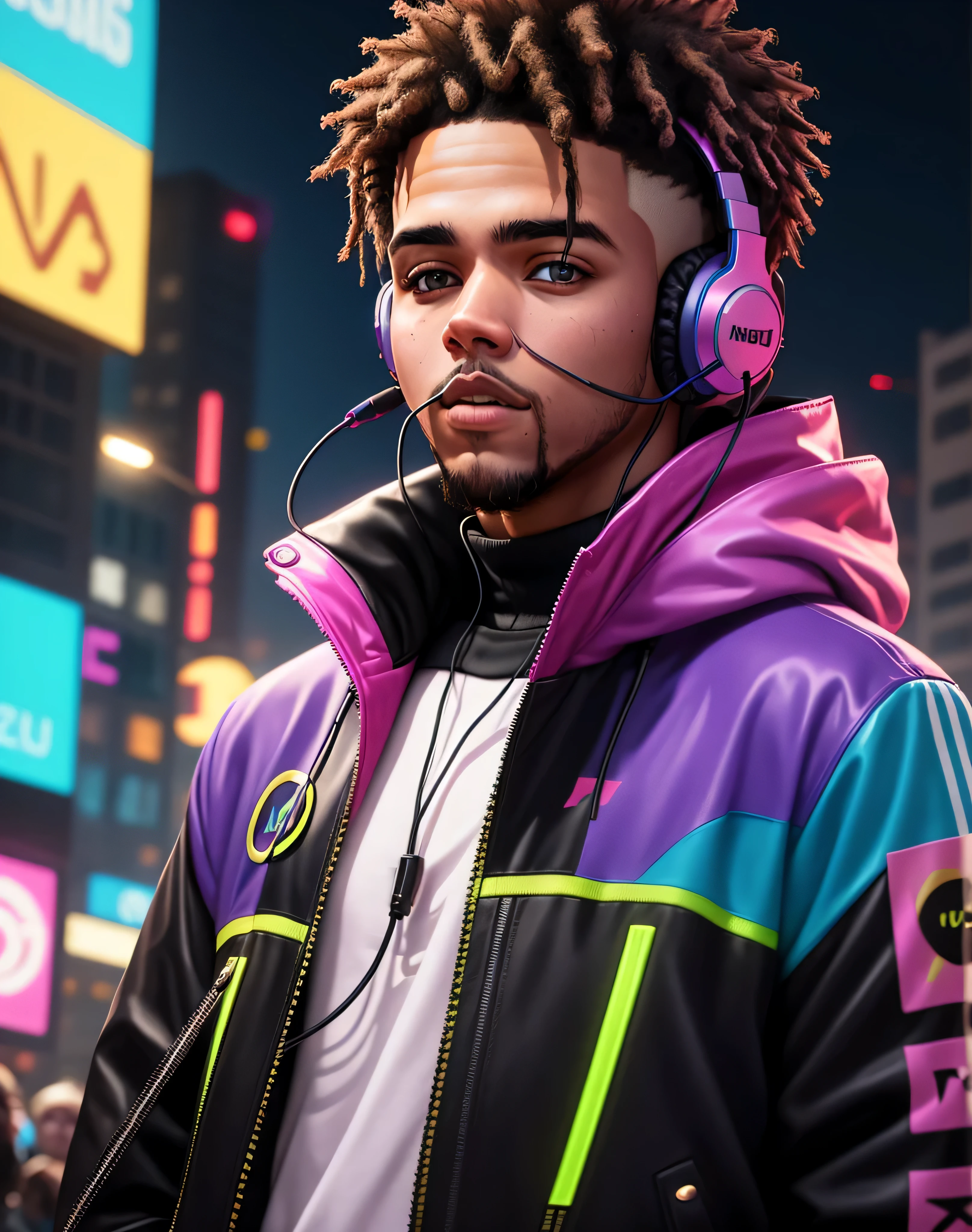 J.COLE wearing headphones and a jacket in a neon photo, headphones dj rave, j.cole wearing headphones, cyberpunk vibrant colors, neon cyberpunk vibrant colors, hq 4k phone wallpaper, phone wallpaper hd, high quality wallpaper, headphones, digital artwork 4 ...
