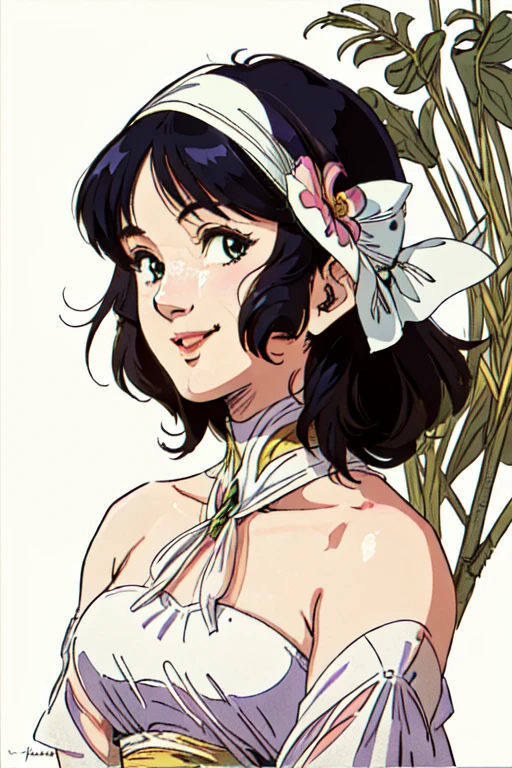 masterpiece, highest quality, divine quality, godlike art, highly detailed face, very realistic, cute, 1 girl,alone,looking at the viewer,Smile Lynn Minmei, white dress, Nice views , flower-like_background, Intricate designs and patterns in the style of Alphonse Mucha.from below