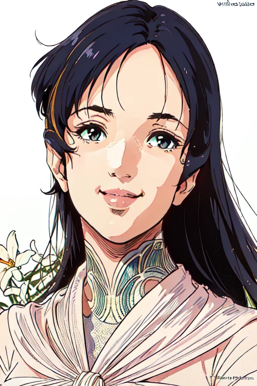 masterpiece, highest quality, divine quality, godlike art, highly detailed face, very realistic, cute, 1 girl,alone,looking at the viewer,Smile Lynn Minmei, white dress, Nice views , flower-like_background, Intricate designs and patterns in the style of Alphonse Mucha.from below