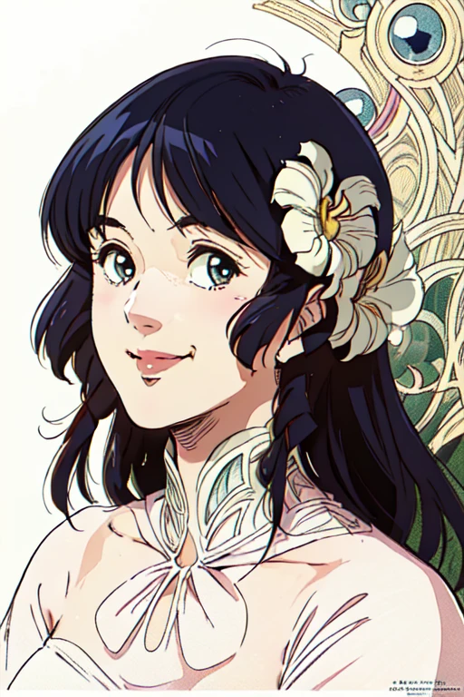 masterpiece, highest quality, divine quality, godlike art, highly detailed face, very realistic, cute, 1 girl,alone,looking at the viewer,Smile Lynn Minmei, white dress, Nice views , flower-like_background, Intricate designs and patterns in the style of Alphonse Mucha.from below