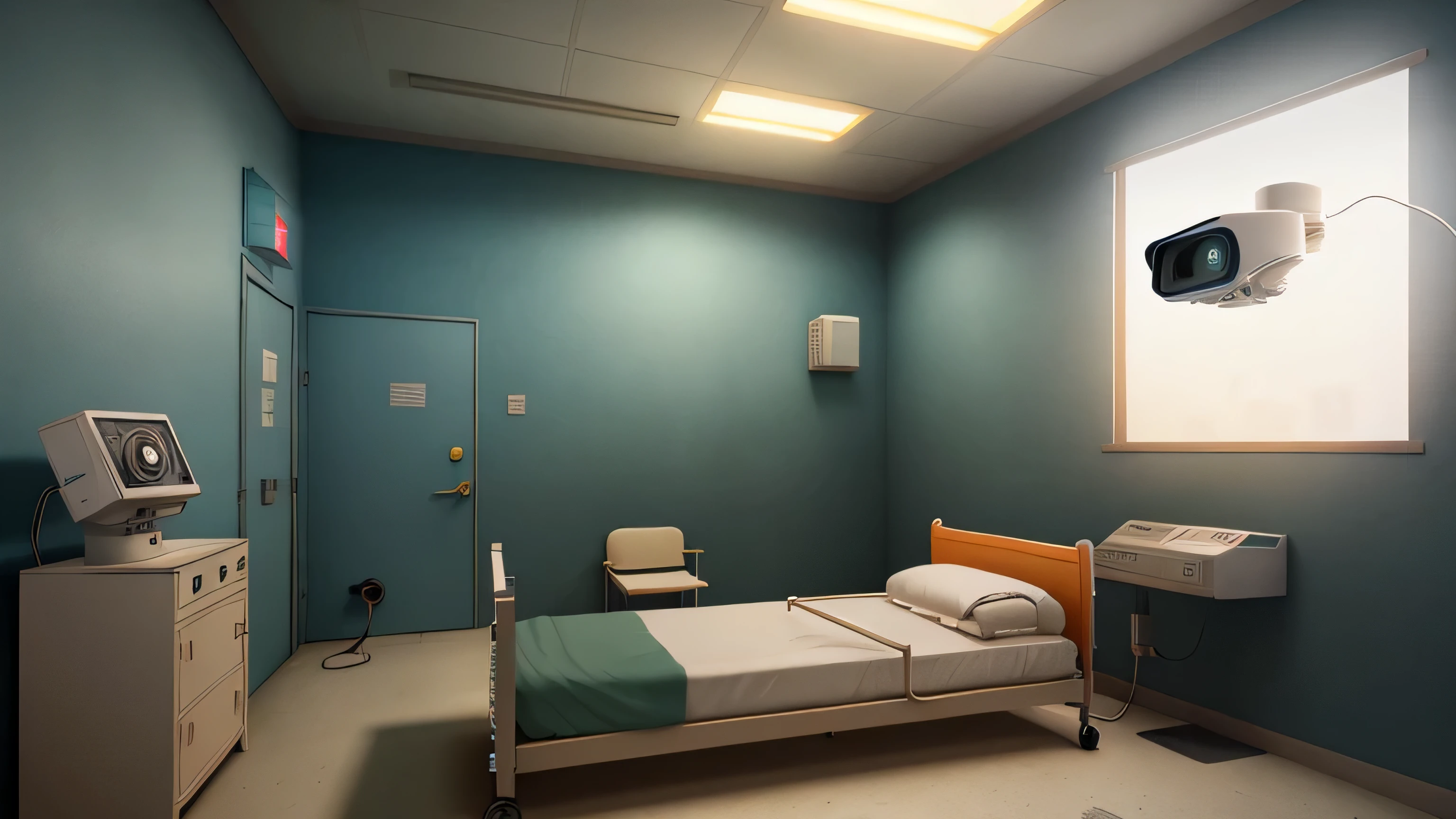 Infirmary, ((no windows)), ((patient bed and infirmary simulation elements)), ((surveillance cameras)), walls decorated with inspirational textures, interior background art, closed space, lamp lighting, anime concept art scene, Studio Ghibli style