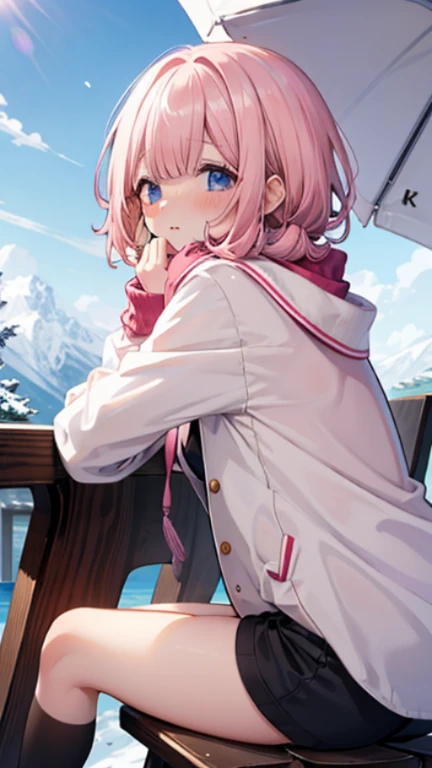 、、Shyness、blush、embarrassing、blush、、、sit with legs stretched out、bench、顔をscarfで隠す、wear a coat、snow原、snow像、snow、cold、scarf、scarfを巻く、降snow高解像度、Full HD、8K quality、、、droopy eyes、、、eye highlights、lively eyes、clear eyes、beautiful eyes、、口元をscarfで覆う、、look down、avert your eyes、embarrassing、blush、、View from an angle、Side and angle view、、eye highlights、、、eye highlights、めちゃくちゃbeautiful eyes、Black tights with pink lines turn around、look back