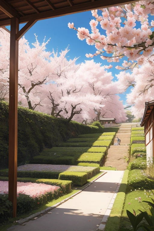 best quality，actual，real life，photography，masterpiece，best quality，There are several cherry blossoms in the tea field，Terraces，Dotted in the tea fields，Cherry blossoms are blooming one by one in the tea field，Structured，colorful，big scene，No characters required