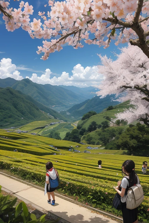 best quality，actual，real life，photography，masterpiece，best quality，There are several cherry blossoms in the tea field，Terraces，Dotted in the tea fields，Cherry blossoms are blooming one by one in the tea field，Structured，colorful，big scene，No characters required