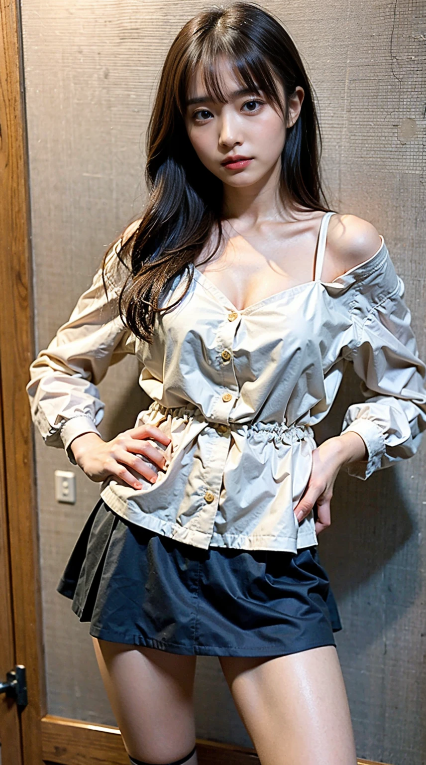(8K、Raw photo、highest quality、masterpiece:1.2)、(realistic、Photoreal)、1 girl、((dress、stand with hands on hips、See-through、mini skirt、boots、big breasts、Seen from the front、Are standing、medium hair、))、smile、lots of eyelashes、Glitter on your eyelids、skeletally correct