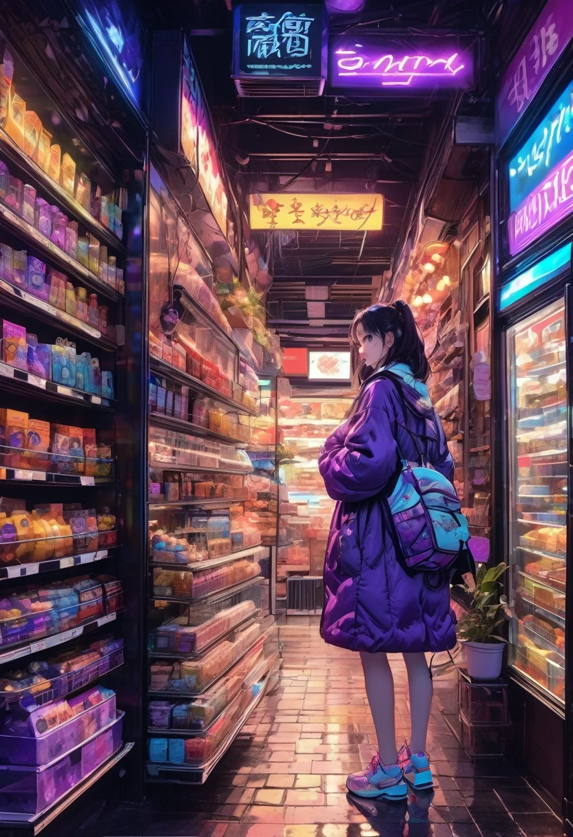 1girl, midnight convenience store, aesthetic, vibrant city lights, dimly lit shelves full of snacks and drinks, a cashier with tired eyes, fluorescent lighting casting a soft glow, late-night customers browsing the aisles, flickering neon signs outside the store, a sense of mystery and solitude, a hazy atmosphere with a touch of nostalgia, cinematic and atmospheric, high-res details capturing the smallest nuances, a combination of realism and dream-like quality, urban aesthetic blending with a hint of surrealism, cool blue and purple tones, soft shadows and subtle highlights, an ambiance that evokes a sense of tranquility and possibility in the midst of the night.