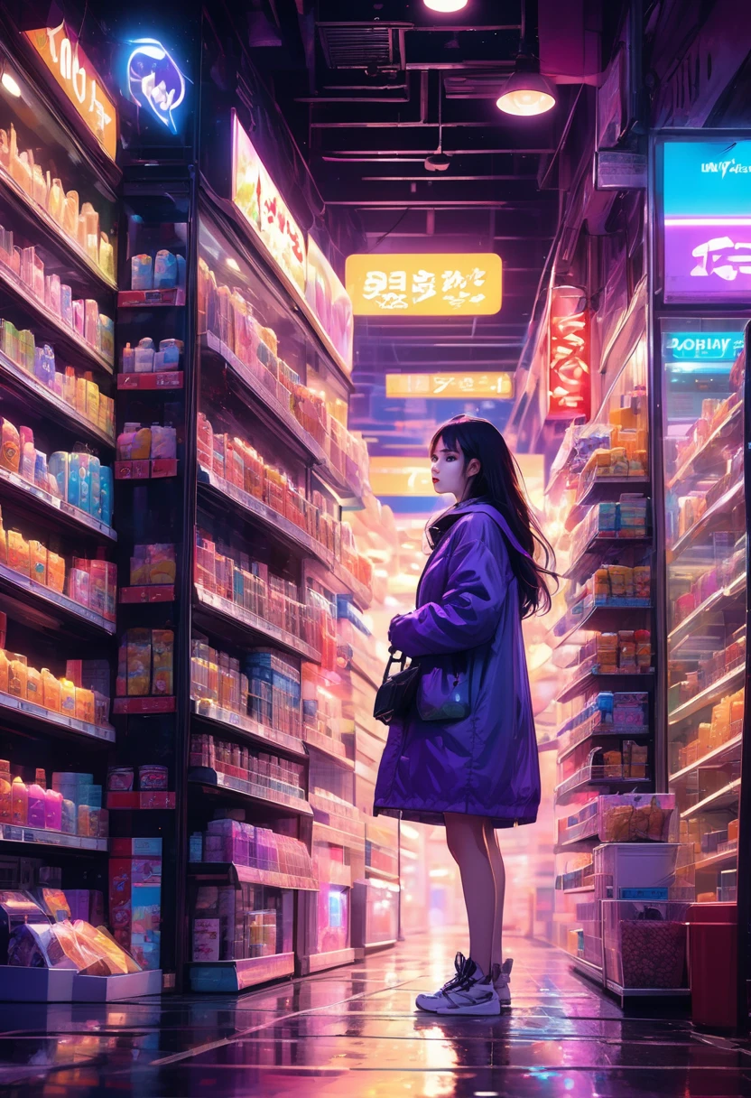 1girl, midnight convenience store, aesthetic, vibrant city lights, dimly lit shelves full of snacks and drinks, a cashier with tired eyes, fluorescent lighting casting a soft glow, late-night customers browsing the aisles, flickering neon signs outside the store, a sense of mystery and solitude, a hazy atmosphere with a touch of nostalgia, cinematic and atmospheric, high-res details capturing the smallest nuances, a combination of realism and dream-like quality, urban aesthetic blending with a hint of surrealism, cool blue and purple tones, soft shadows and subtle highlights, an ambiance that evokes a sense of tranquility and possibility in the midst of the night.