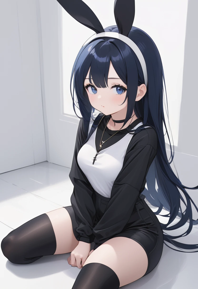 young girl, straight Dark blue hair, wearing a tight black overall, exposed arms, exposed legs, white eyes, sitting on knees, legs spread, arms on the side, in a white room, bunny ears, high quality, black necklace, black thigh highs