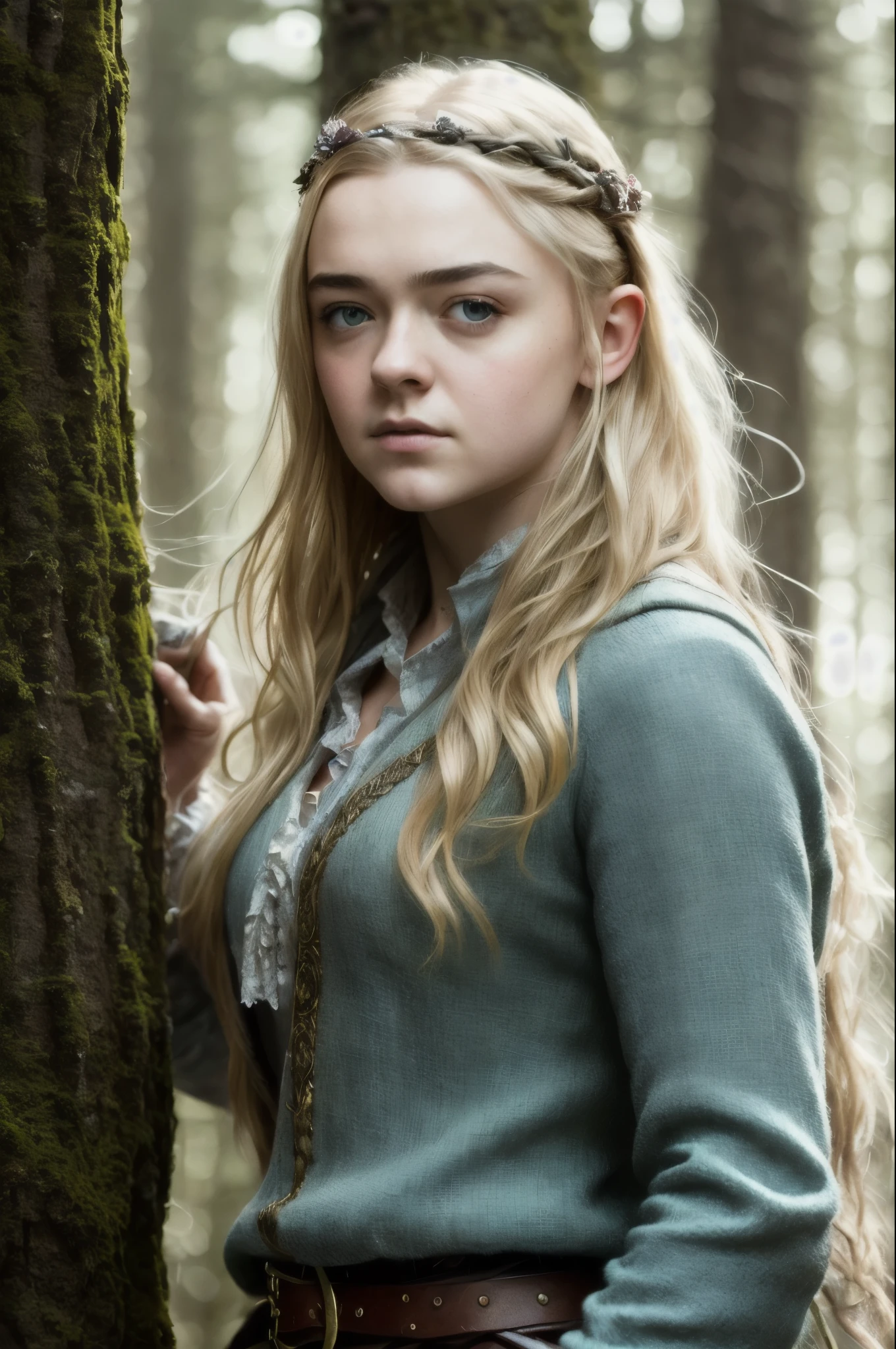 portrait painting of 1girl, Epic Character face mix of Maisie Williams and Elle Fanning, elf, blonde hair, blue eyes, green dress, Upper body focus, Nordic goddess, intricate, cinematic lighting, styled hair, fantasy movie, genre fantasy, artistic cinematography, premium quality fantasy movie color grading, upper body shot, detailed skin, fantasy, snowy nordic forest, modelshoot style, (extremely detailed CG), photo of beautiful artwork, (Antonio Moro), (Jeremy Mann), High Detail, Sharp focus, dramatic, oil painting, realistic  