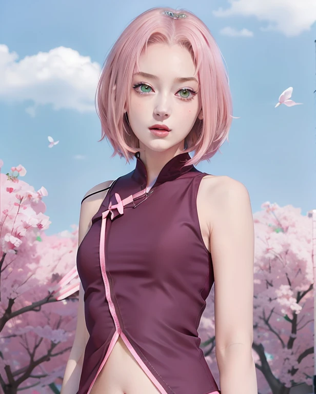 young woman, short shoulder-length pink hair, wide forehead, porcelain skin, pink eyebrows, big emerald green eyes, buttoned nose, full lips, heart-shaped face, slender body, small breasts, red tank top, Sakura Haruno , realistic, realism, details, 3d, well detailed
