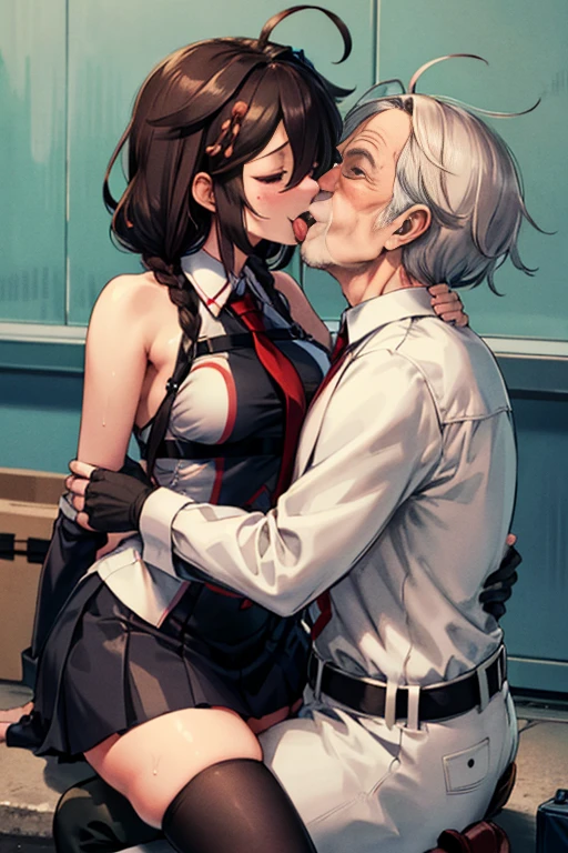 {perfect anatomy},((beautiful face:1.5)),((Pregnant: 0.8)), (((french kiss, 1 girl, 1homeless Old Man, hetero,kiss, french kiss, tongue kiss:1.5))),(Ahegao, blush, Sweat, Open mouth, Rolling eyes, Tears, Tongue out,)(Parted lips),(Closed eyes),(Feeling weak), best quality, (8k, best quality, masterpiece, ultra high res, , Super Detail), Ultra Detailed, Detailed Skin, (an extremely delicate and beautiful), BREKA,1 japanese beautiful airl, ShigureKaiSanKC, (sleeveless) shirt, (black and white) two-tone shirt, (black) pleated skirt, (black) thigh highs, (red) necktie, (white) belt, (black) fingerless gloves, (red) hand ribbon, hair over shoulder, hair ornament, hair between eyes, blue eyes,hair bow, long belt, BREAK perfect hands, detailed hands, best hands.