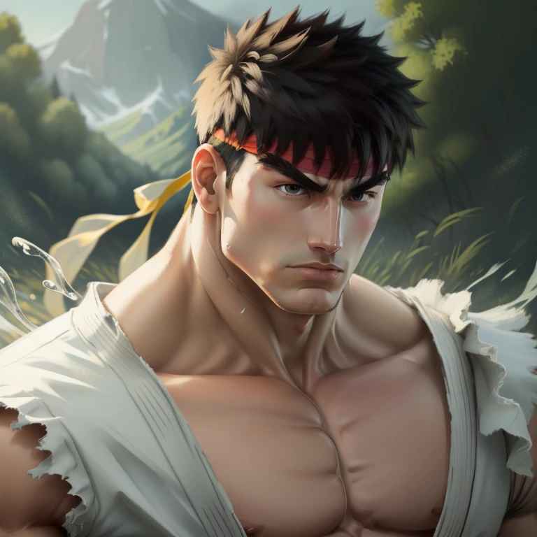 medium full shot. shirtless handsome beautiful young adult man Ryu, very detailed skin, street fighter, digital painting, splash art, best quality, detailed digital painting, soft lighting, pastel colors, 