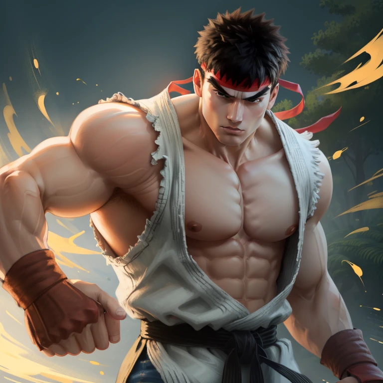 medium full shot. shirtless handsome beautiful young adult man Ryu, very detailed skin, street fighter, digital painting, splash art, best quality, detailed digital painting, soft lighting, pastel colors, 