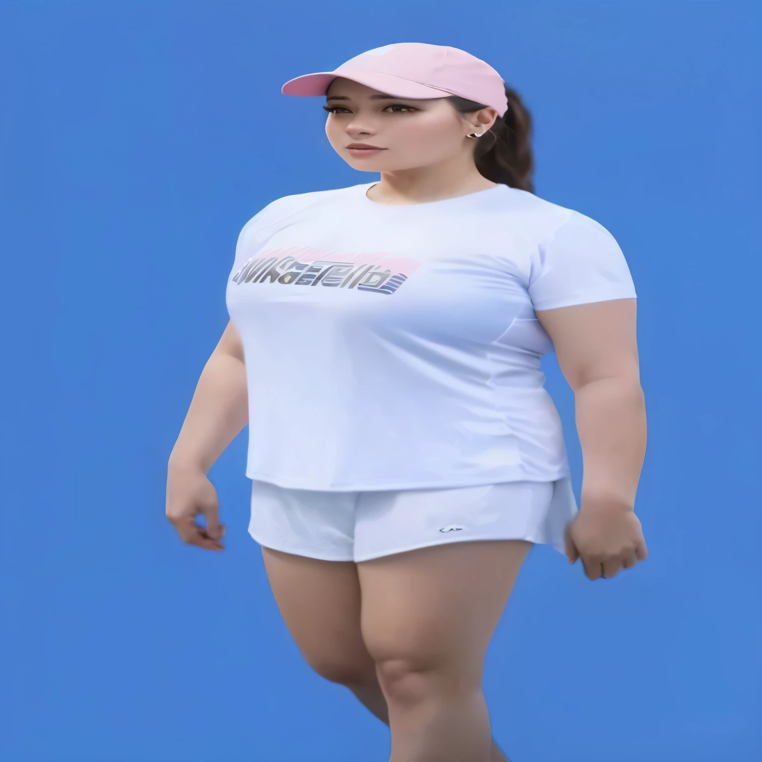 arafed woman in a white shirt and shorts with a pink hat, smooth white tight clothes suit, sports clothing, sport clothing, wearing shorts and t shirt, tennis wear, short sleeves, sport t-shirt, official product photo, official product image, cute sportswear, white uniform, wearing track and field suit, sport bra and shirt, full product shot having orgasm