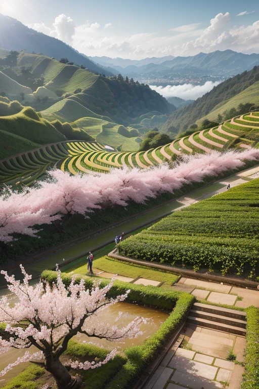 best quality，actual，real life，photography，masterpiece，best quality，There are several cherry blossoms in the tea field，Terraces，Dotted in the tea fields，Cherry blossoms are blooming one by one in the tea field，Structured，colorful，big scene，No characters required