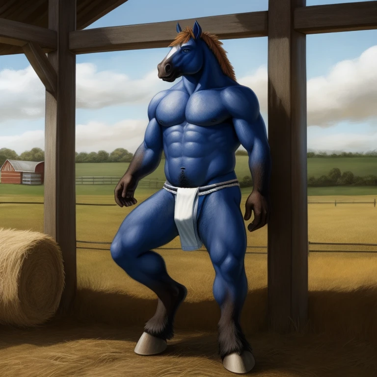 Furry, Antro, Horse Brown, Fundoshi bulto, Fundoshi White, Solo, Bulto Male, Hooves ,Detallado, cuerpo completo, cuerpo furry, Blue eyes, Farm, campo de mazorcas, Ojos Azules