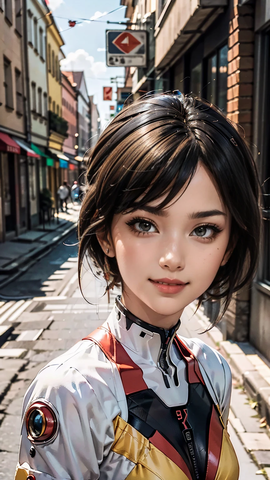 最high quality, 8K, masterpiece: 1.3, Ultra HD, high quality, 最high quality, High resolution, realism)) 、slender、slenderだがアスリートのような細マッチョ、I don't want my head to disappear from the screen.、aerial perspective((atmospheric perspective))、smile((smiley))、background blur((depth of field)、Asuka from Evangelion、In an alley in downtown Berlin、Wear a plug suit
