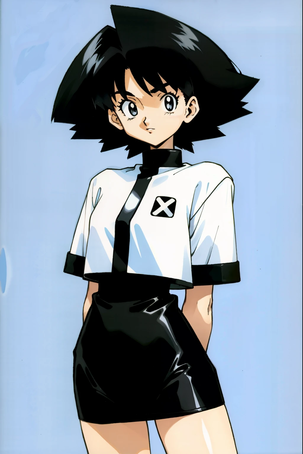 by Ken Sugimori, sugimori 1990s, ((only 1woman)), black and white referee uniform, ((hands behind their back)), full black pupils, manga, best quality, highly detailed, clean lines, cowboy shot, good hands, good eyes, hd, 8k, professional, symmetrical, hires, 8k,