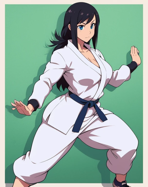 Anime woman, karate clothes, mildly muscular, toned legs, black hair, full body, curvy