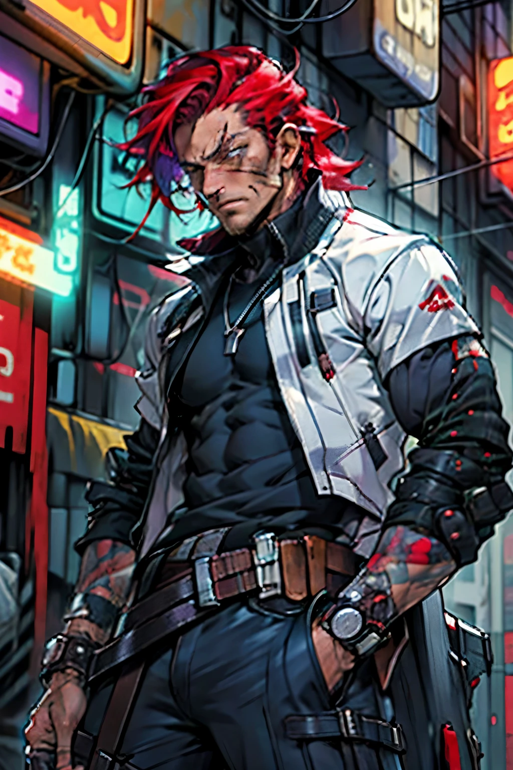 red and purple Cyberpunk cowboy war vet holding a bottle of whiskey in is hand and a cowboy hat. with red hair. with a pistole in a holster on his hip. cyberntic arm and scars along his face. male