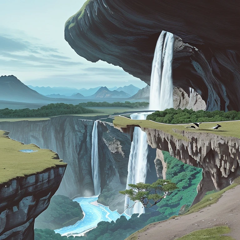 cliff,The view ahead has high mountains.,There is a sky field.,There is a waterfall flowing out of the cave and the water flows gently.,There were beautiful colorful birds flying.,Highly detailed images,Fantasy genre