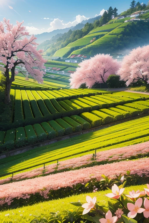 best quality，actual，real life，photography，masterpiece，best quality，There are several cherry blossoms in the tea field，Terraces，Dotted in the tea fields，Cherry blossoms are blooming one by one in the tea field，Structured，colorful，big scene，No characters required