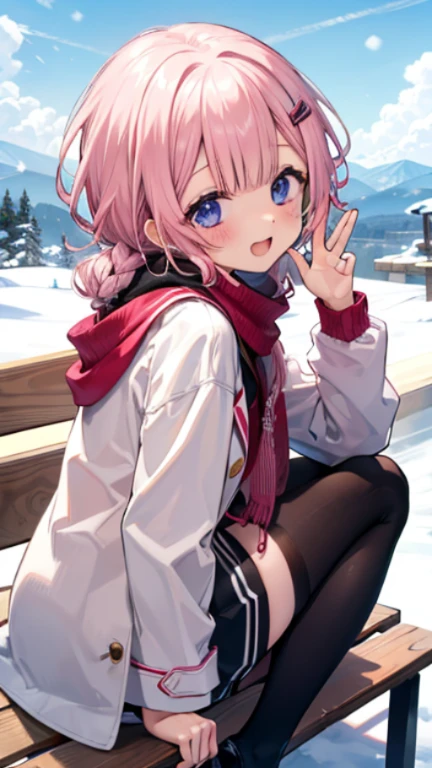 、、Shyness、blush、sit with legs stretched out、bench、顔をscarfで隠す、wear a coat、snow原、snow像、snow、cold、scarf、scarfを巻く、降snow高解像度、Full HD、8K quality、、、垂れeye、、、eyeのハイライト、生き生きとしたeye、澄んだeye、美しいeye、、口元をscarfで覆う、、look down、、、View from an angle、Side and angle view、、eyeのハイライト、、、eyeのハイライト、めちゃくちゃ美しいeye、Black tights with pink lines、turn around、look back、carefree smile、open your mouth wide、laughter、eye
