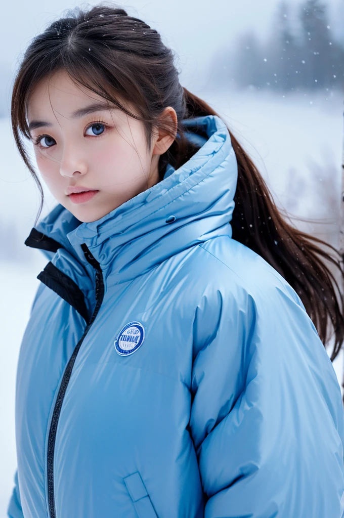ultra realistic, 16K UHD photo of a 20-year-old Japanese girl, wearing a light blue puffer down jacket, high collar fully zipped up, in a winter snowstorm, snow everywhere, heavy snow falling, misty, soft diffused lighting, highest quality, masterpiece, perfect figure, big eyes,