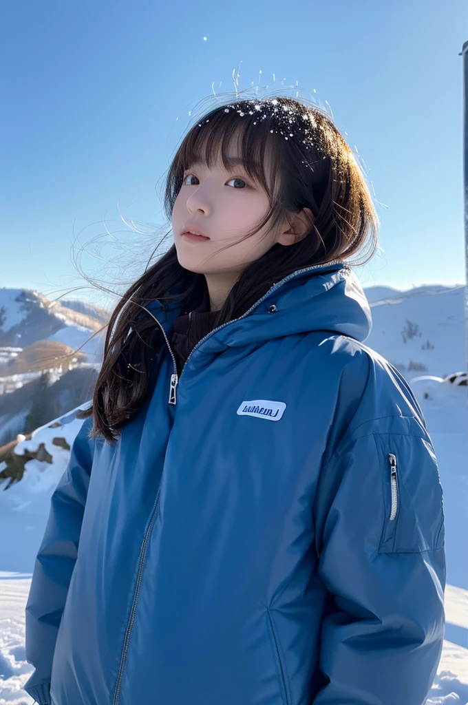 ultra realistic, 16K UHD photo of a 20-year-old Japanese girl, wearing a glossy light blue down puffer jacket, high collar fully zipped up, atop a snow mountain in winter time, snow everywhere, heavy snow falling, misty environment, soft diffused lighting, highest quality, masterpiece, perfect figure, big eyes,